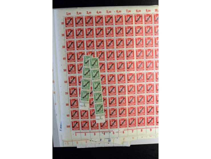 1924, Schlangenaufdruck 3-80 Pfg., 100 Sätze kpl. in Bogen bzw. Bogenteilen (Mi.-Nr. D105-13; Mi. ohne Bewertung von HAN etc.