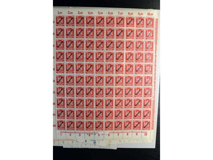 1924, Schlangenaufdruck 3-80 Pfg., 100 Sätze kpl. in Bogen bzw. Bogenteilen (Mi.-Nr. D105-13; Mi. ohne Bewertung von HAN etc.