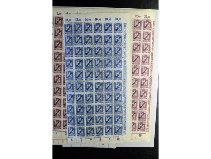 1924, Schlangenaufdruck 3-80 Pfg., 100 Sätze kpl. in Bogen bzw. Bogenteilen (Mi.-Nr. D105-13; Mi. ohne Bewertung von HAN etc.