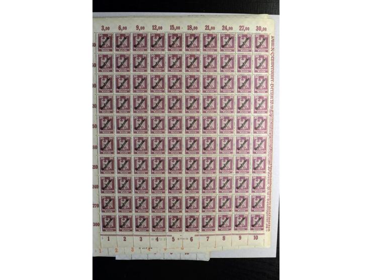 1924, Schlangenaufdruck 3-80 Pfg., 100 Sätze kpl. in Bogen bzw. Bogenteilen (Mi.-Nr. D105-13; Mi. ohne Bewertung von HAN etc.