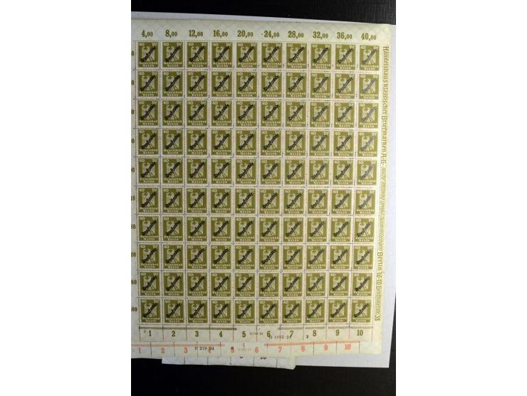 1924, Schlangenaufdruck 3-80 Pfg., 100 Sätze kpl. in Bogen bzw. Bogenteilen (Mi.-Nr. D105-13; Mi. ohne Bewertung von HAN etc.