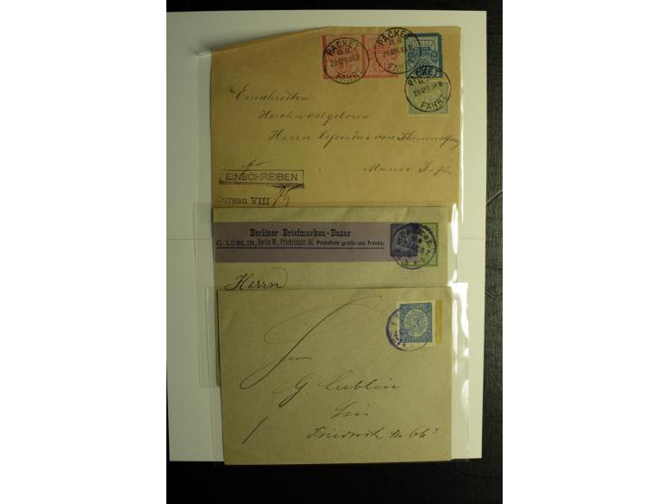 1887/1888, Partie mit 4 Ganzsachen-Umschläge der Berliner Hansa-Gesellschaft mit Ganzsachen-Überklebung durch Packetfahrt-Ges