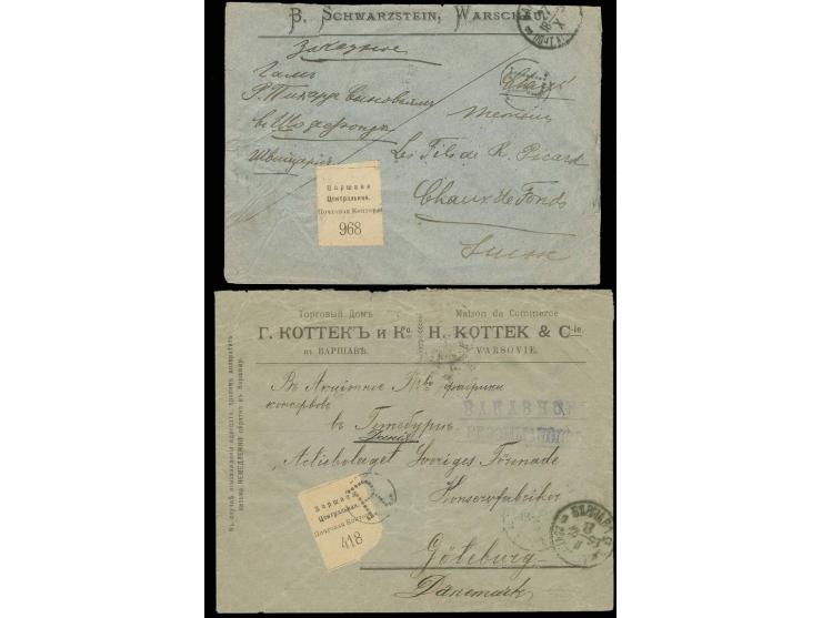 "WARSAW MAIN OFFICE", provisional white label on two registered covers with different franking, addressed to Göteburg and Swi