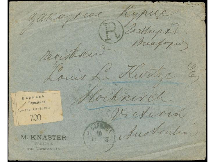 "Warsaw City", provisional white label on registered cover franked with three 3 k. red and three 7 k. blue, addressed to Vict