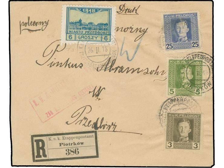 Przedbórz: 1918, 6 gr. blue and olive tied by cds. "K.u.K. ETAPPENPOSTAMT PRZEDBÓRZ 26.2." to registered cover from "PIOTRKOW