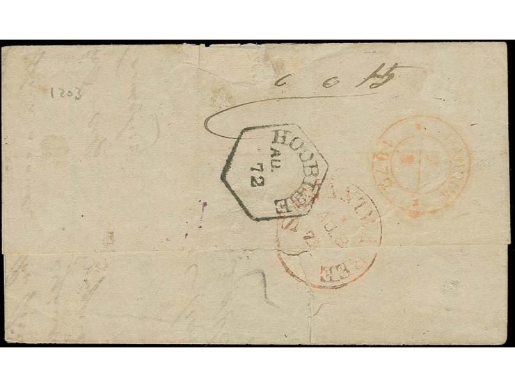 20 r. vermilion in combination with India ½ a. blue, tied by clear duplex "MANGALORE AU 3 (72)" to small folded cover to Marg