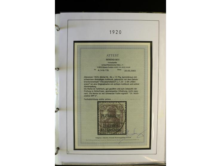 1920/22, gestempelte Sammlung mit u.a. Allenstein Mi.-Nr. 4b (Attest), 12b, 13a, 17b, 19a, Ober-Schlesien 24b (Attest), Schle