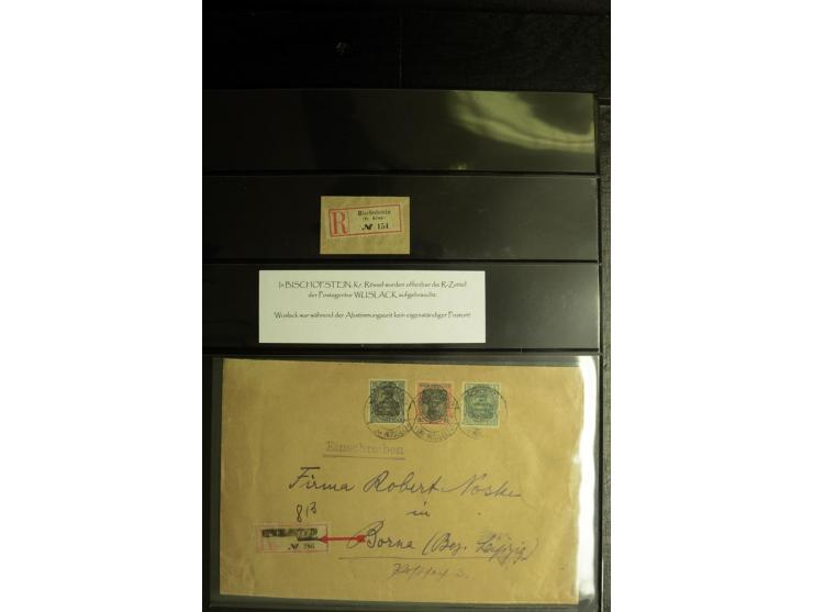 1920, Stempelsammlung auf losen Marken, Briefstücken und 28 Briefen, Karten und Ganzsachen, Postanweisungen und Paketkarte, d