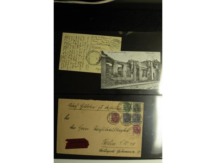 1920, Stempelsammlung auf losen Marken, Briefstücken und 28 Briefen, Karten und Ganzsachen, Postanweisungen und Paketkarte, d