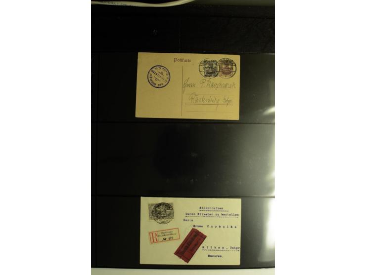 1920, Stempelsammlung auf losen Marken, Briefstücken und 28 Briefen, Karten und Ganzsachen, Postanweisungen und Paketkarte, d
