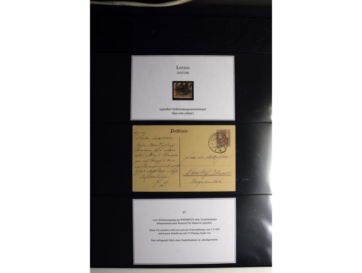 1920, Stempelsammlung auf losen Marken, Briefstücken und 28 Briefen, Karten und Ganzsachen, Postanweisungen und Paketkarte, d