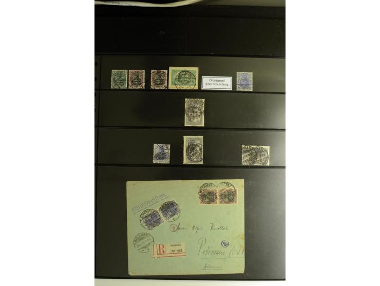 1920, Stempelsammlung auf losen Marken, Briefstücken und 28 Briefen, Karten und Ganzsachen, Postanweisungen und Paketkarte, d