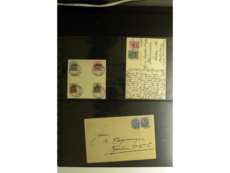 1920, Stempelsammlung auf losen Marken, Briefstücken und 28 Briefen, Karten und Ganzsachen, Postanweisungen und Paketkarte, d