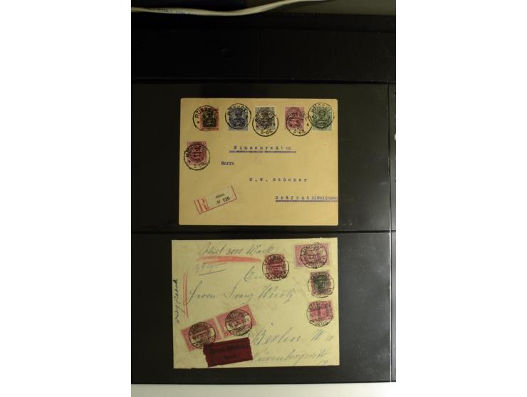 1920, Stempelsammlung auf losen Marken, Briefstücken und 28 Briefen, Karten und Ganzsachen, Postanweisungen und Paketkarte, d