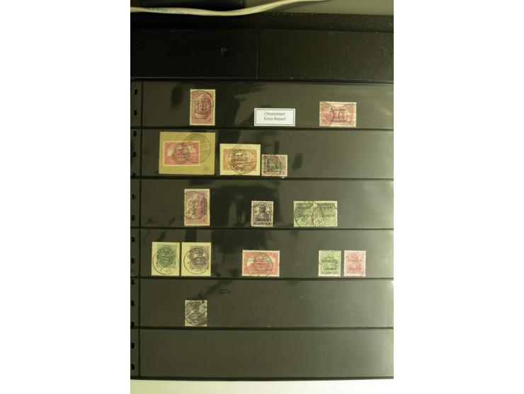 1920, Stempelsammlung auf losen Marken, Briefstücken und 28 Briefen, Karten und Ganzsachen, Postanweisungen und Paketkarte, d