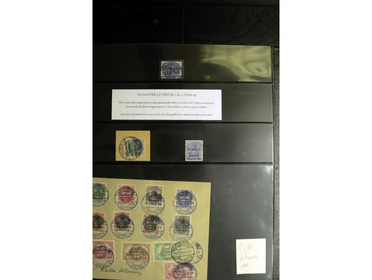 1920, Stempelsammlung auf losen Marken, Briefstücken und 28 Briefen, Karten und Ganzsachen, Postanweisungen und Paketkarte, d