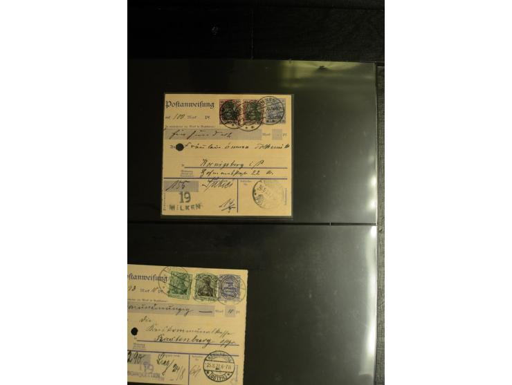 1920, Stempelsammlung auf losen Marken, Briefstücken und 28 Briefen, Karten und Ganzsachen, Postanweisungen und Paketkarte, d