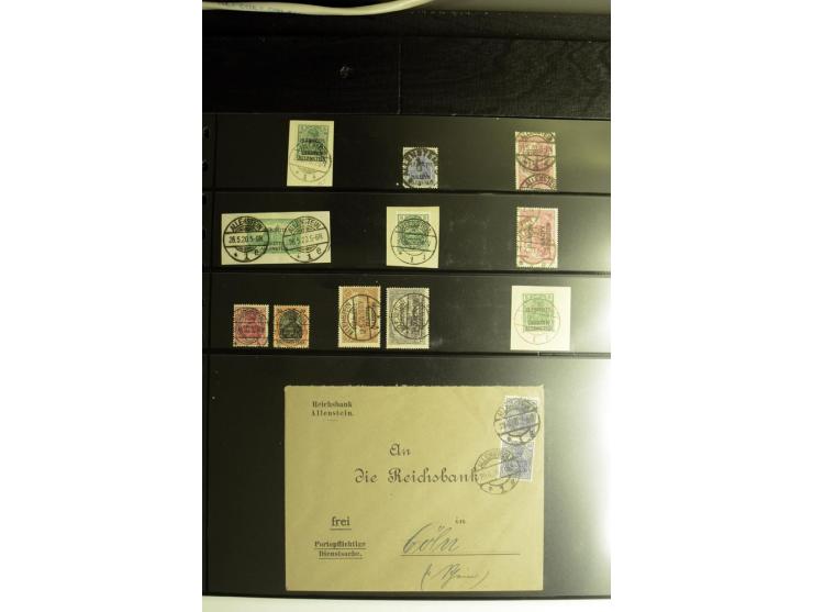 1920, Stempelsammlung auf losen Marken, Briefstücken und 28 Briefen, Karten und Ganzsachen, Postanweisungen und Paketkarte, d