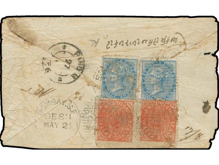 20 r. vermilion, horizontal pair in combination with 2 copies India ½ a. blue, tied by duplex "BOMBAY S.E. MAY 24" (1876) to 