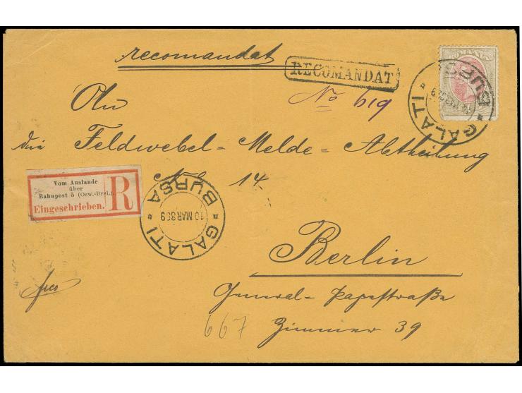 1893, King Karl I. 1 l. pale brown and rose tied by cds. "GALATI 10.MAR.899" to registered cover with boxed mark "RECOMANDAT"