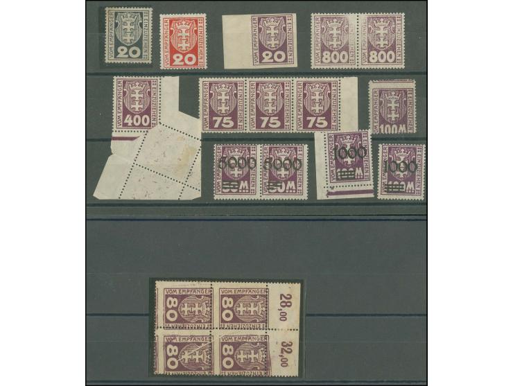 1921/1923, Partie mit 18 Werten (teils in Paaren bzw. Viererblock), fast nur Besonderheiten, dabei u.a. 2 Probedrucke der Mi.