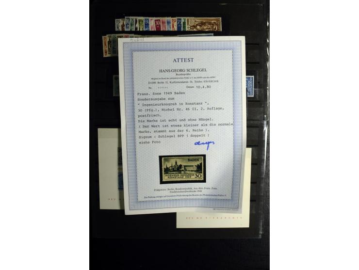 1945/55, vorwiegend postfrische Partie besserer Werte, dabei Französische Zone inkl. 46II augenscheinlich komplett, Bizone 52