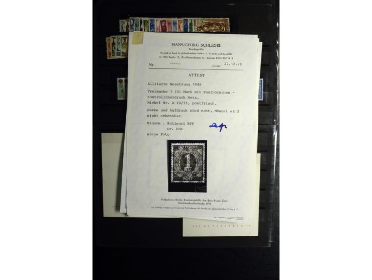 1945/55, vorwiegend postfrische Partie besserer Werte, dabei Französische Zone inkl. 46II augenscheinlich komplett, Bizone 52