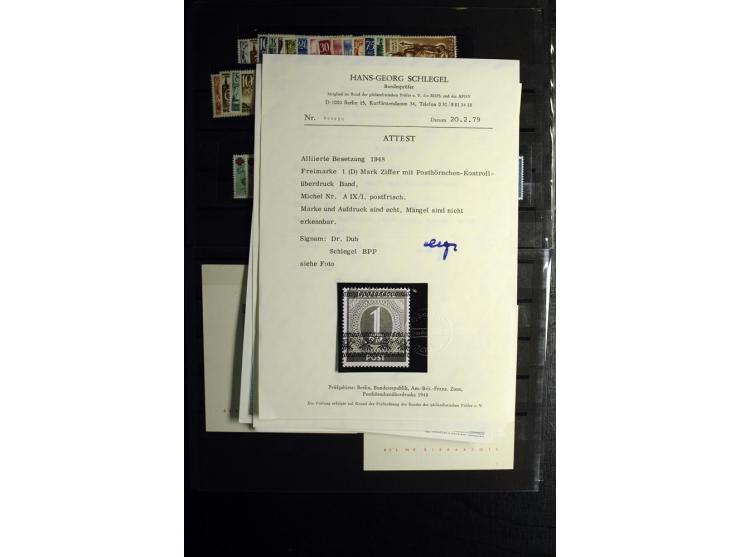 1945/55, vorwiegend postfrische Partie besserer Werte, dabei Französische Zone inkl. 46II augenscheinlich komplett, Bizone 52