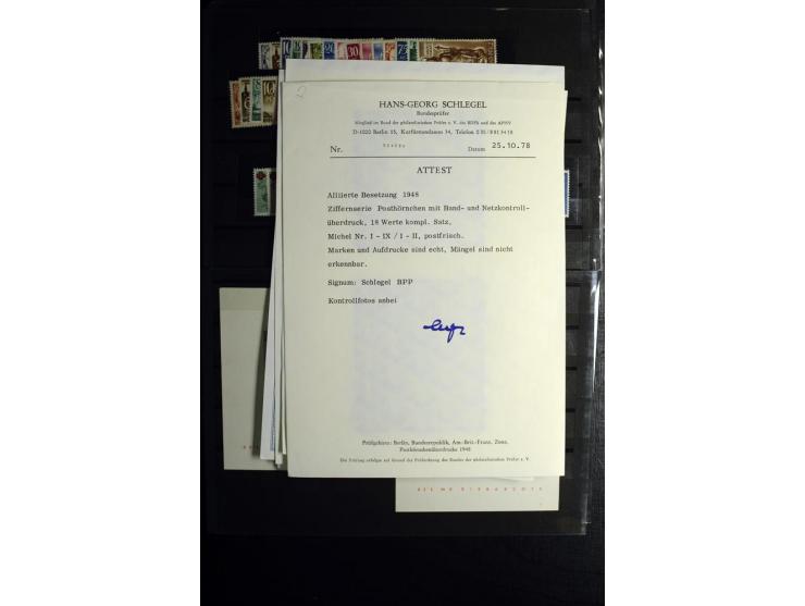1945/55, vorwiegend postfrische Partie besserer Werte, dabei Französische Zone inkl. 46II augenscheinlich komplett, Bizone 52