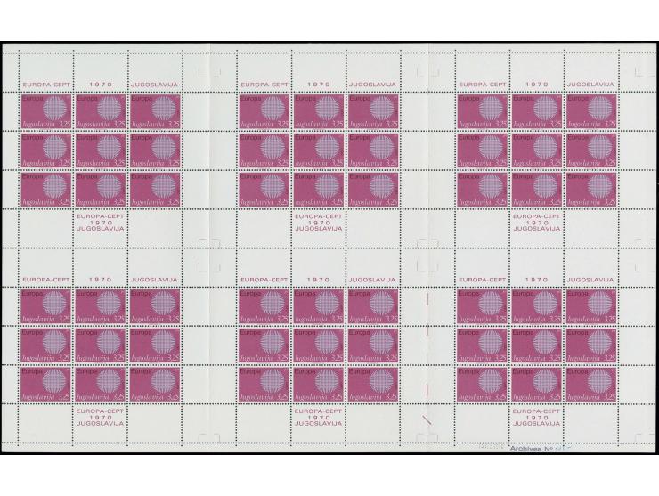 1970, CEPT 1,25 d. and 3,25 d. in complete printing sheets with 6 miniature sheets, the 3,25 d. without number on the sheet m