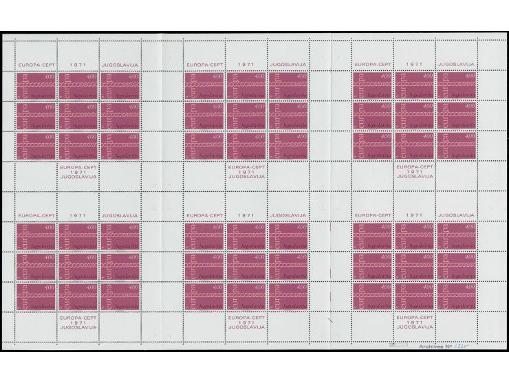 1971, CEPT 1,50 d. and 4 d. in complete printing sheets with 6 miniature sheets each, 4 d. without control number, folded in 
