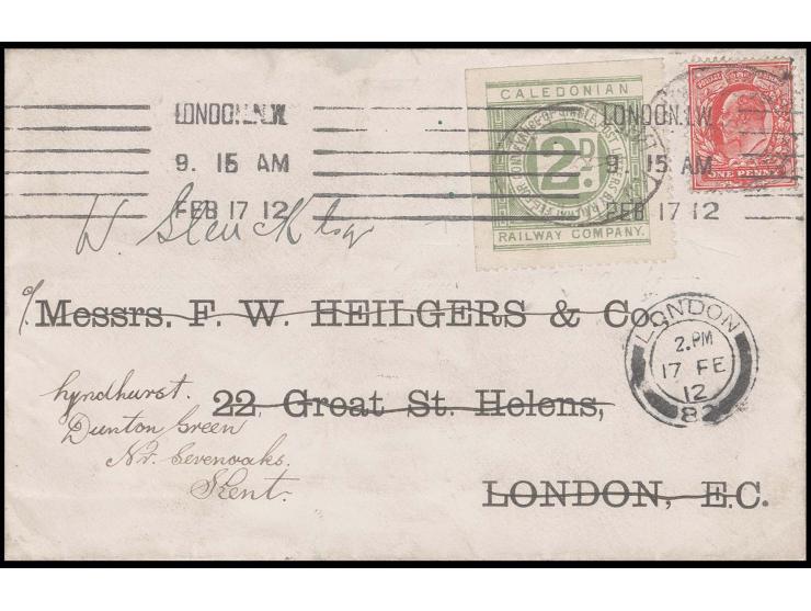 1912, Caledonian Railway Company 2 d. green with Edward 1 d. on cover to London and re-directed to Kent