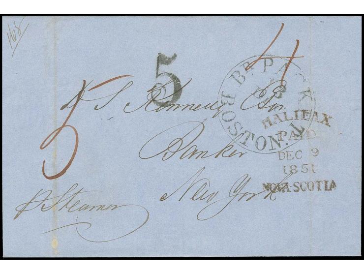 1851, "HALIFAX PAID DE 9 1851 NOVA-SCOTIA", five-line on folded cover with endorsement "p.Steamer" via "BOSTON BR.PACKET 13.D