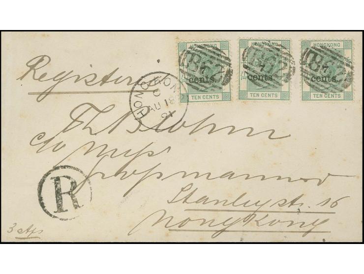 1891, 7 c. on 10 c. green, three single stamps tied by numeral "B62" to registered local cover with adjacent cds. "HONG-KONG 