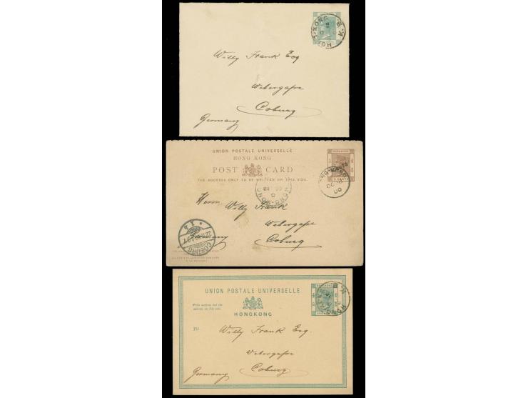 1900, "HONG-KONG K.B. B OC.18." and "HONG-KONG OC 18.00" (Kowloon Branch), clear cds. on postcard 1 c. resp. envelope 2 c., i