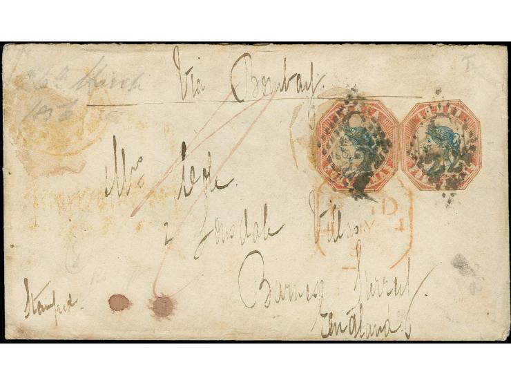 4 a. blue and red, head die II, frame die I, 2 copies, both cut to shape, tied by diamond "C22" to envelope from Ramandroog t
