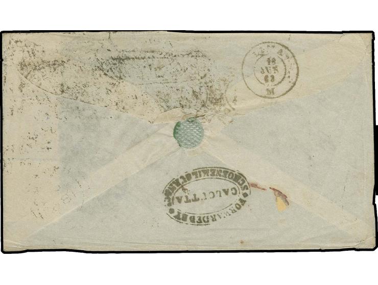 1856, 2a. yellow-buff and two 4a. grey-black tied by barred "1" to cover to Lima, reverse with oval "FORWARDED BY SCHOENEKILA