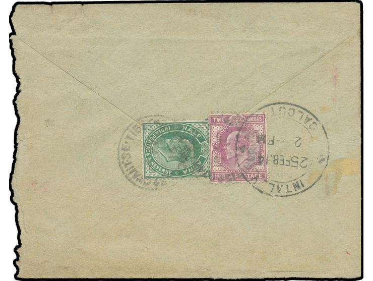 TIBET: "Gyantse Tibet" on Edward 2 a. and ½ a. on reverse of registered envelope with register label on front to Calcutta, fi