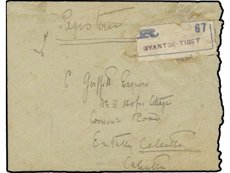 TIBET: "Gyantse Tibet" on Edward 2 a. and ½ a. on reverse of registered envelope with register label on front to Calcutta, fi