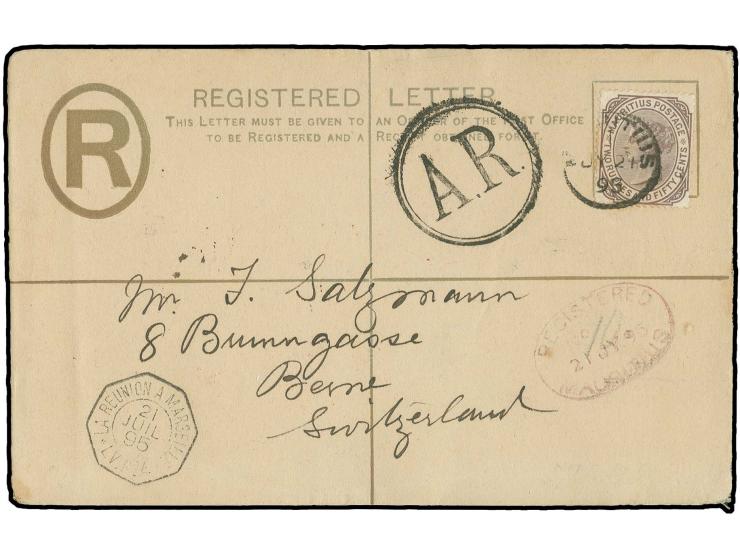 2,50 r. brown-purple used on registered envelope 8 c. from "MAURITIUS JY 21 95" to Switzerland, showing clear strike of rare 