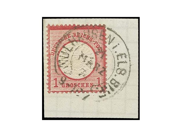 1 Gr. karmin mit seltenem Plattenfehler "Tropfenförmiger Punkt hinter GROSCHEN" mit Hufeisenstempel "MÜLHAUSEN i. ELS. BHF. 2