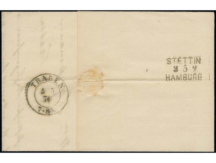 1 Gr. karmin mit Mecklenburg-Schwerin-Ra. "GÜSTROW" auf Faltbrief mit rückseitigem Bahnpost-Streckenstempel-L3 "STETTIN / 3 5