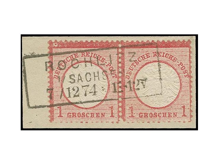 1 Gr. karmin im waagerechten Paar mit deutlicher Doppelprägung (1,6 mm nach rechts versetzt, Registratur-Nr. 569) mit Ra3 "RO