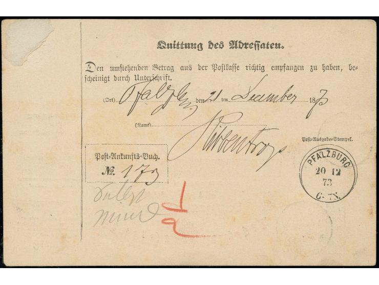 2 Gr. ultramarin mit EKr. "ZABERN IM ELSASS 20 12 73" auf Post-Anweisungs-Formular bedarfsverwendet nach Pfalzburg, die Marke