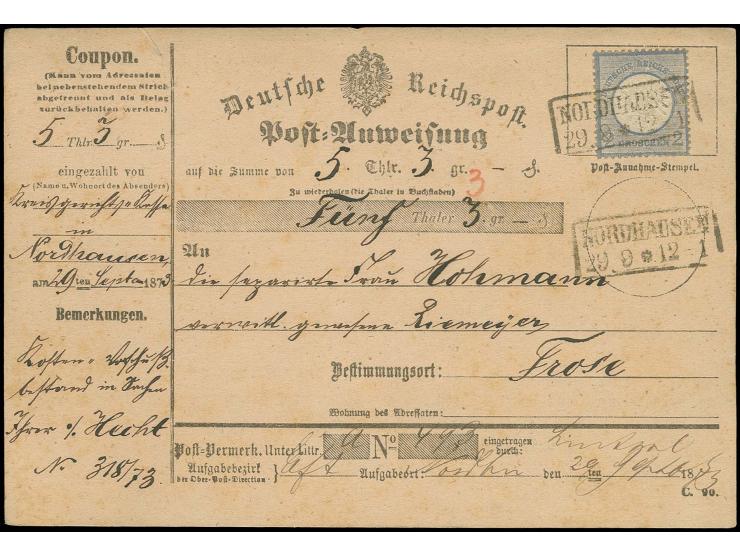 2 Gr. grauultramarin mit Preußen-Ra2 "NORDHAUSEN 29 9" auf Post-Anweisungs-Formular nach Frose, die Marke hat einen kürzeren 