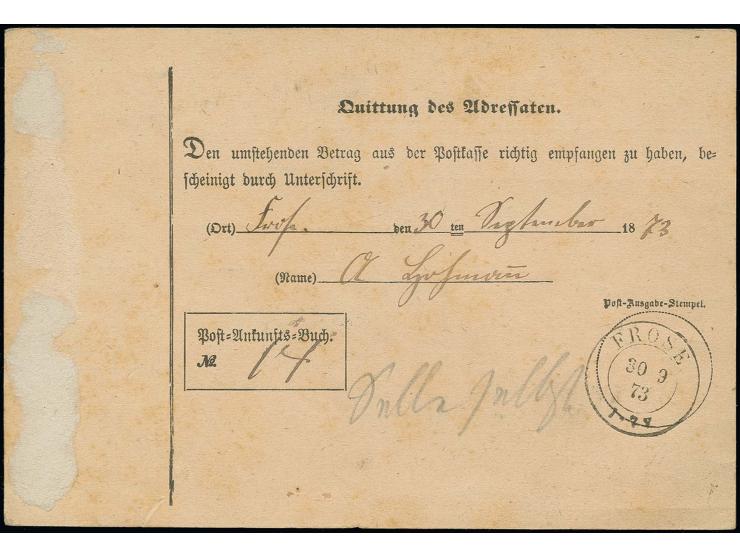 2 Gr. grauultramarin mit Preußen-Ra2 "NORDHAUSEN 29 9" auf Post-Anweisungs-Formular nach Frose, die Marke hat einen kürzeren 
