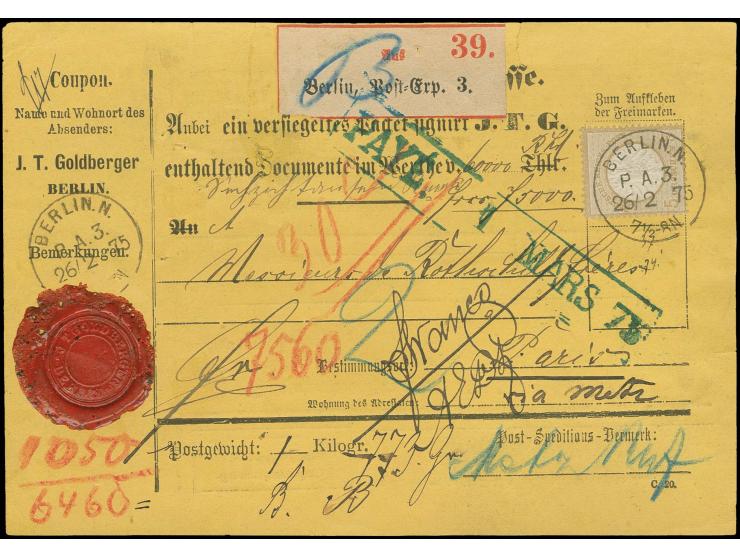 5 Gr. ockerbraun, 2 Einzelwerte vorder- und rückseitig mit 10 Pfge. lilarot auf kpl. Wertpaketkarte von "BERLIN N. P.A.3. 26.