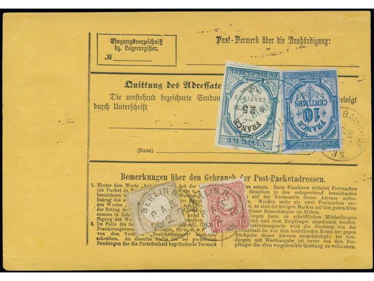 5 Gr. ockerbraun, 2 Einzelwerte vorder- und rückseitig mit 10 Pfge. lilarot auf kpl. Wertpaketkarte von "BERLIN N. P.A.3. 26.
