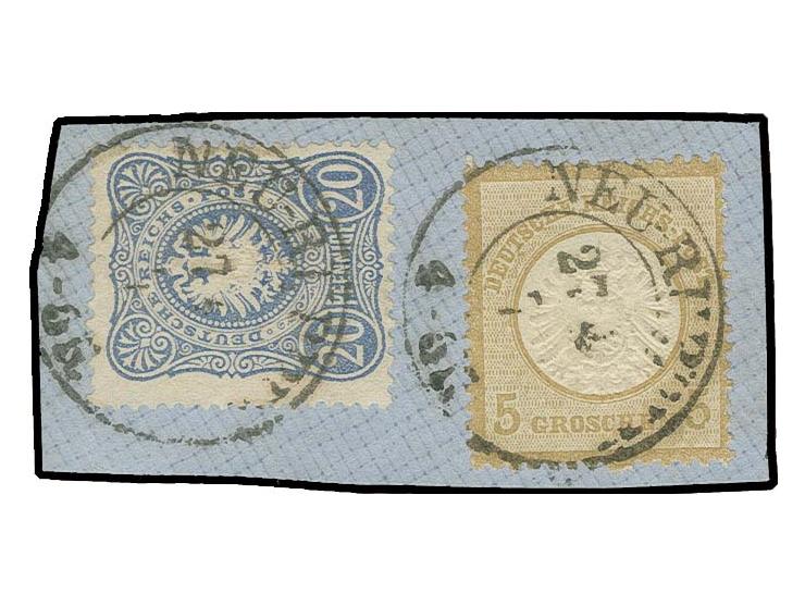 5 Gr. ockerbraun mit Plattenfehler "Beschädigte rechte Wertziffer", Feld 140 und 1875, 20 Pfge. grauultramarin mit Preußen-DK