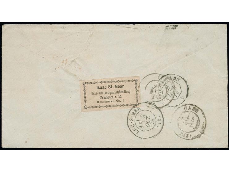  3 Kr. rötlichkarmin (3) mit EKr. "FRANKFURT A.M. 6 10 74" als Mehrfachfrankatur auf Brief (Umschlag nicht ganz perfekt) nach